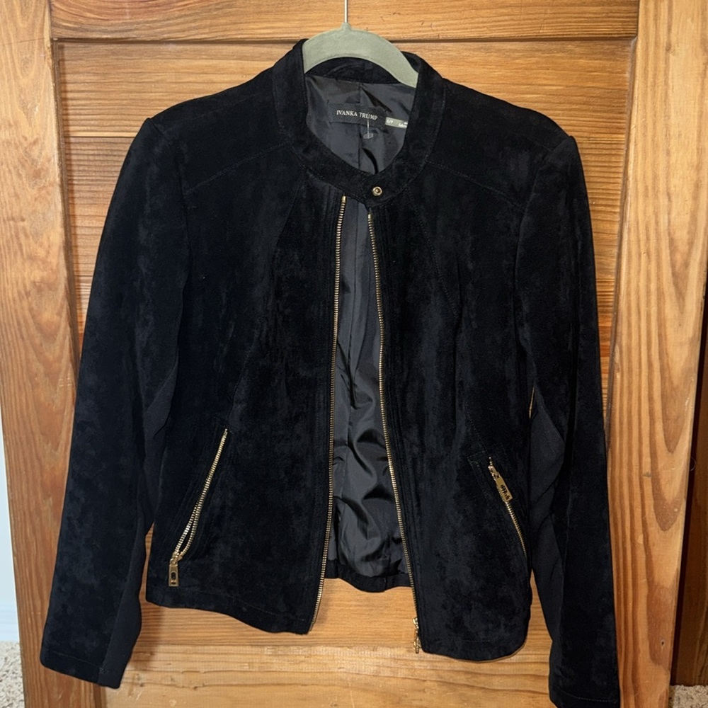 NWT Ivanka Trump Black Faux Suede Leather Zip Bomber Moto Jacket - size Small